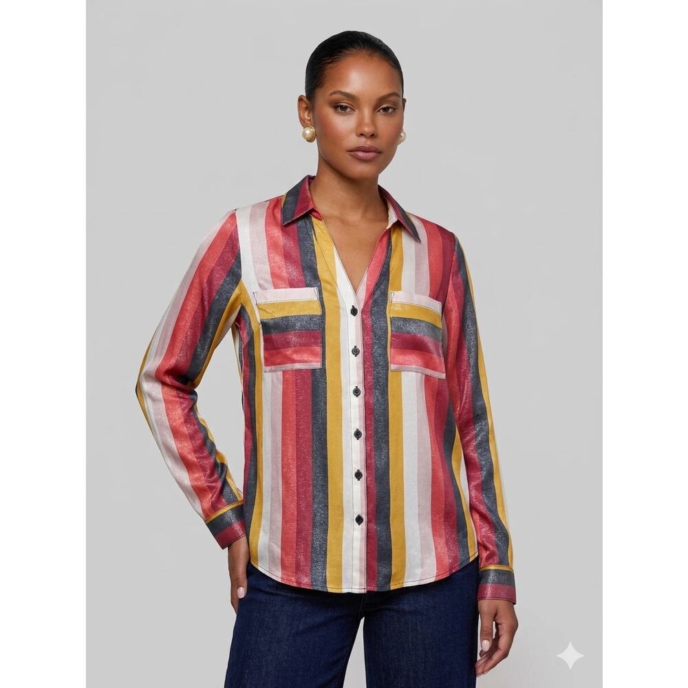 Express Portofino Lurex Stripe Convertible Sleeve Slim Button Top XS Office Chic